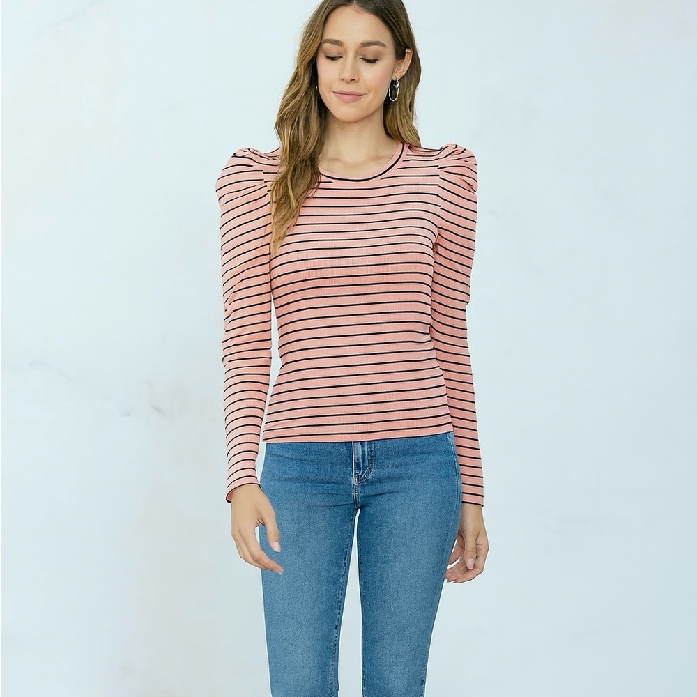 Maeve Anthropologie Classic Cotton Striped Ribbed Puff Sleeve Blouse Size Medium - Picture 6 of 12